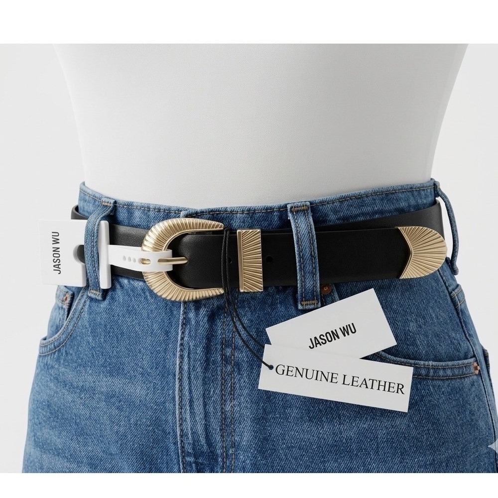 Jason Wu Black Genuine Leather Belt Gold Western Ribbed Buckle JB122505 Size L